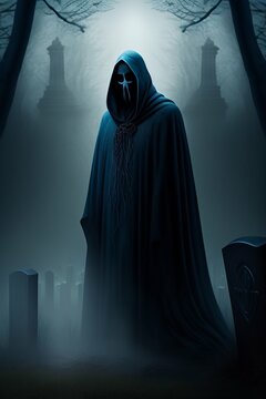 Portrait of a dementor in a graveyard, dark and scary night.
