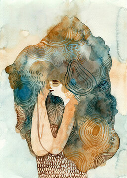 A woman with big blue hair full of details