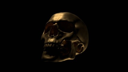 Golden Skull on black background dramatic lighting 3D illustration