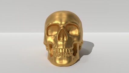 Golden Skull on white background front view 3D illustration