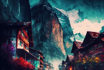 oil painting style illustration of beautiful valley village, inspired from Lauterbrunnen village Switzerland Generative Ai	