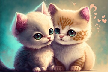 Couple of Kittens Valentines day illustration generative Ai.