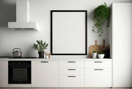 illustration of mock-up wall decor frame, empty frame in kitchen room	Generative Ai	