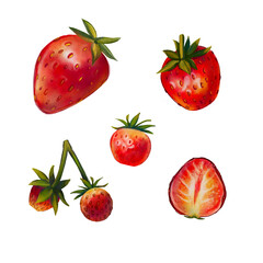 A set of strawberries on a white background. A hand-drawn illustration of a juicy summer berry. Digital art. Painted food, fruit. Summer berries. Suitable for prints, wallpapers, boxes, packages