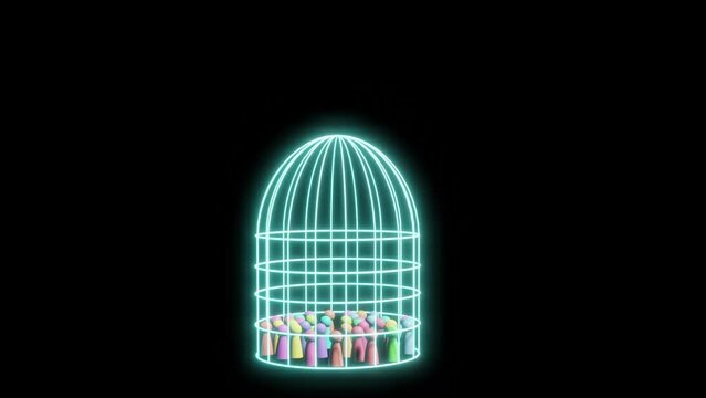 締め付けが限界に達したところで檻を壊して脱出する人々をあらわしたアニメーション動画
