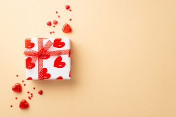 Valentine's Day concept. Top view photo of white giftbox with tulle ribbon bow heart shaped...