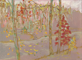 Oil painting autumn landscape. contemporary painting. 