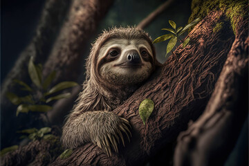 Fototapeta premium sloth in its natural habitat, watching from a high branch
