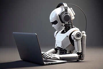 Obraz premium 3d rendering humanoid robot working with headset and notebook