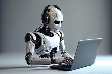 3d rendering humanoid robot working with headset and notebook