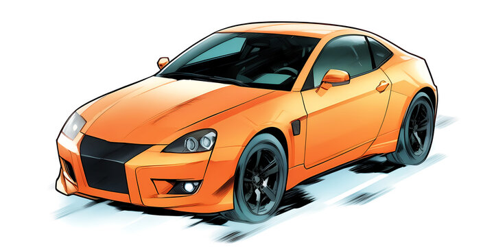 a orange car is shown in this drawing style, on a white background with a shadow and a black outline on the front . AI