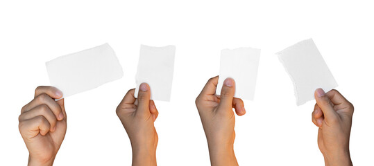 Set of Hand holding ripped torn paper isolated on transparent background PNG file.