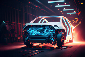 Obraz premium Robotic welder in automotive industry, white robot welding car body in car factory