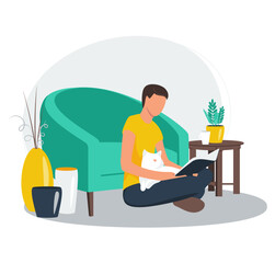 Man reading book concept. Man with literature in hands. Flat vector illustration isolated on white background.