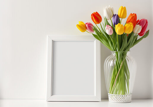 Vase of Tulips with a Blank Picture Frame on a White Table (Generative AI)
