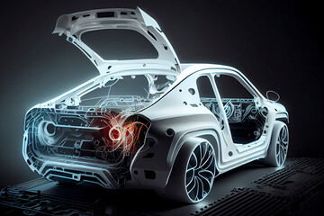 Robotic welder in automotive industry, white robot welding car body in car factory