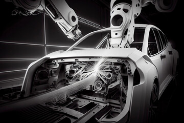 Robotic welder in automotive industry, white robot welding car body in car factory