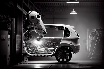 Robotic welder in automotive industry, white robot welding car body in car factory