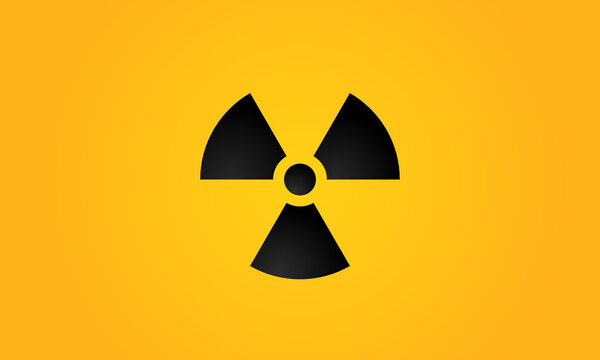 Vector black nuclear radiation sign on yellow banner. Toxic zone isolated symbol. Atomic reactor logo. Chernobyl biohazard wallpaper. Nuke radioactive background. Atom danger pictogram