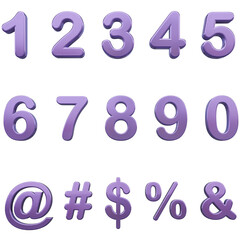 3D metallic purple numbers. Including the percentage symbol, dollar sign, hashtag, ampersand and at sign. Perfect for social media design.
