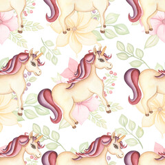 Cute watercolor unicorn pattern with greenery and pink flowers bouquets. Nursery unicorns aquarelle. Princess unicorns repeat paper. Trendy pink cartoon horse. © MayaNavits