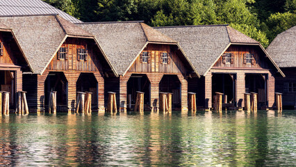 The afternoon sun illuminates the docks on the Lake Königssee.