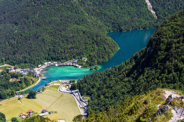 A unique view from the mountains to the Lake Königssee. The photo shows both the cruise ship port...