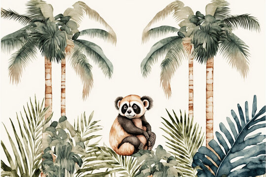 Watercolor seamless pattern with baby panda and palm trees © ezgi