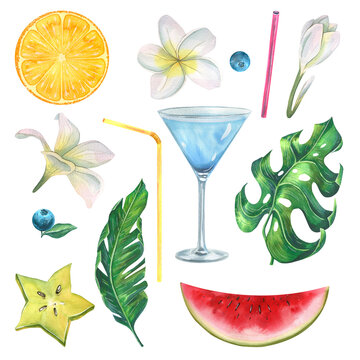 Alcoholic, blue cocktail, pieces of fruit, tropical leaves, plumeria flowers, berries and tubes. Watercolor illustration. A set from the BEACH BAR collection. For the decoration and design