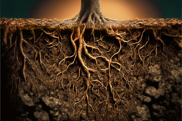 Tree roots in soil close up, underground texture, generative AI illustration - 563048901