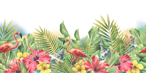 Leaves of tropical palm trees, hibiscus flowers, sea shells and pink flamingos on the background of the azure sea and sky. Watercolor illustration. Seamless border, a pattern from the CUBA collection.