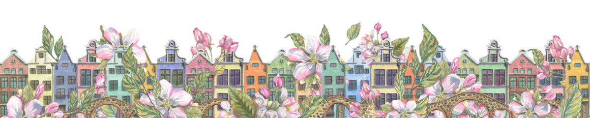 Cute European little houses with stone bridges and spring, pink apple blossoms. Watercolor illustration. A long banner from the collection of EUROPEAN HOUSES. For decoration and design.