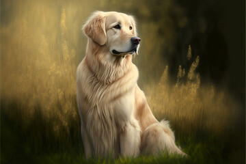 beautiful dog of the golden breed sitting on the grass Generative AI