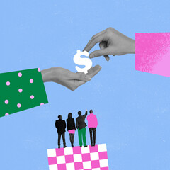 Business goals. Contemporary art collage. Motivated and concentrated employees standing together....