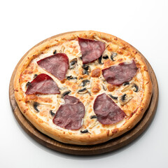 Pizza with ham, mushrooms and cheese on white background. Pizza on wooden board. Serving the dish. View from above. 