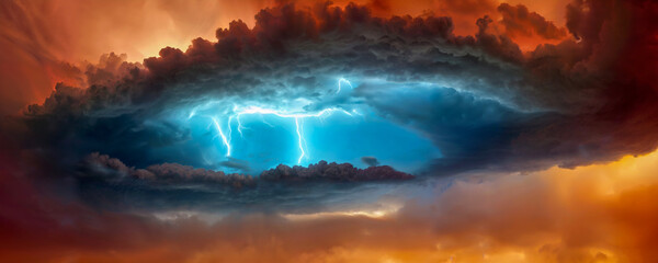Stormy cloudscape with colorful lightning in the clouds. thunderclouds with flashes and bolts of lightning. Generative AI