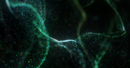 Abstract bokeh background with flowing green particles
