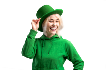 PNG Shot of a beautiful smiling woman wearing green hat. St. Patrick's Day celebration. Transperent background.