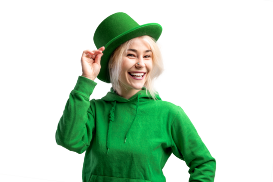PNG Shot of a beautiful smiling woman wearing green hat. St. Patrick's Day celebration. Transperent background.