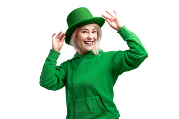 PNG Shot of a beautiful smiling woman wearing green hat. St. Patrick's Day celebration. Transperent background.