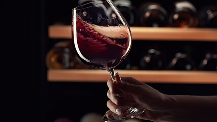 Close up female hand swirling red wine in wine glass. Wine expert tasting, rating and drinking wine, bottles in background. - 563050565