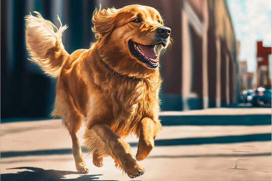 beautiful dog of the golden breed sitting on the grass Generative AI