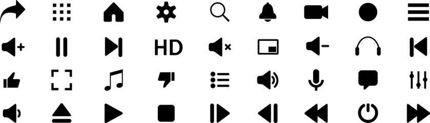 Collection of multimedia symbols and audio, music speaker volume icons. Flat style
