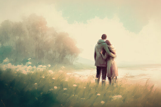 Couple in love hug, surreal landscape romantic scene, valentines day post card template idea, generative ai