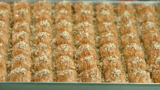Traditional turkish baklava pistachio pastry. Dilberdudagi, ozel kesim baklava, cikolatali baklava, fistikli baklava, katmer, fistikli kadayif, kattafi, fistik sarma, soguk baklava, midye baklava, cev