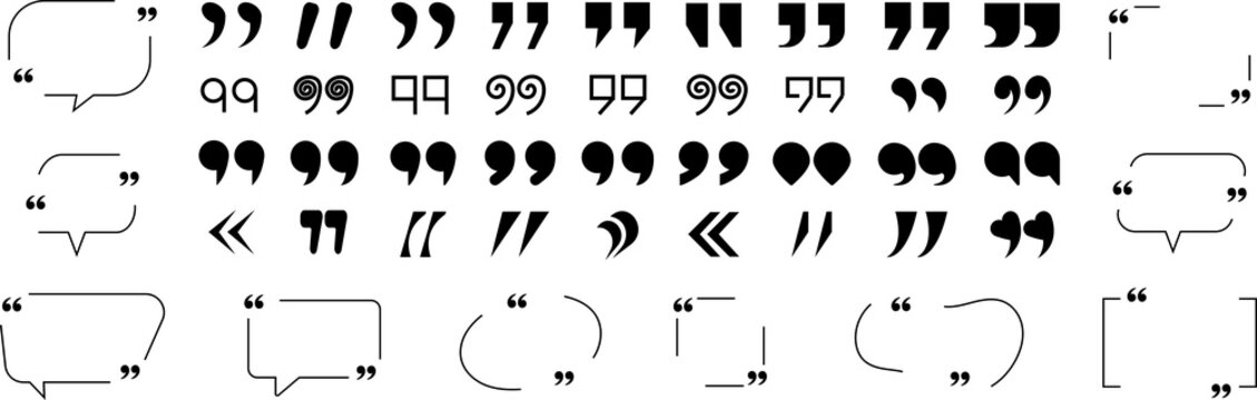Collection of quote box frames and icons. Text in brackets. Blank template of quote remarks. Empty speech and quote bubbles of different forms. Textbox