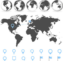 Fototapeta na wymiar Planet Earth. The Earth, World Map on white background. Map marker. Pointer symbol, pin line. Location sign. Navigation map, GPS, direction, place, compass concept