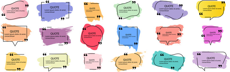 Collection of quote box frames and icons. Text in brackets. Blank template of quote remarks. Empty speech and quote bubbles of different forms. Textbox - obrazy, fototapety, plakaty