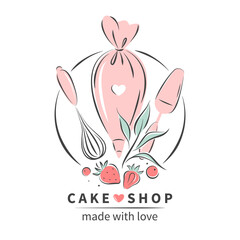 Cake shop logo. Set of tools for making cakes, cookies and pastries. Vector illustration for menu, recipe book, baking shop, cafe.
