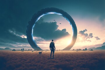 Futuristic  scene showingman standing in a field looking at the  giant rings, digital art style, illustration painting.